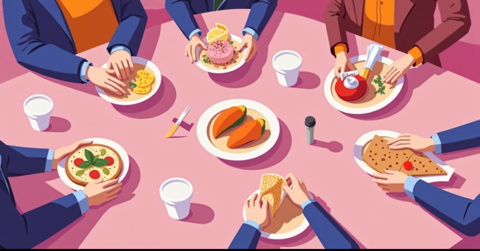 best-food-culinary-podcasts איור: שולחן משותף ממבט על, ידיים מעבירות צלחות ומיקרופון ביניהן