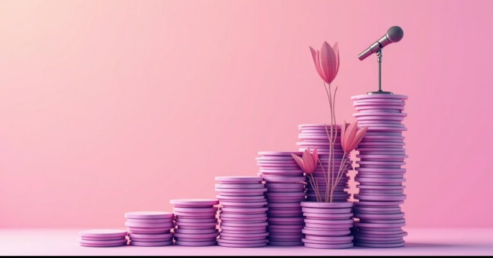 best-podcasts-investing-2026 איור: גרם מדרגות עולה של מטבעות ומיקרופון בפסגה