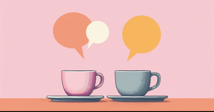 dating-point-israeli-dating איור: שני ספלי קפה על שולחן ושתי בועות דיבור נפגשות מעליהם