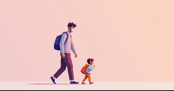 fatherhood-podcasts איור: הורה גבוה וילד קטן הולכים יחד עם אוזניות