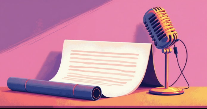 parashat-hashavua-podcasts איור: גליל נייר פתוח על שולחן ומיקרופון לצדו