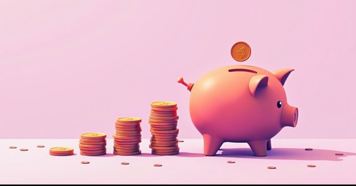 personal-finance-saving-tips איור: קופת חיסכון ומטבעות מסודרים בגרף עולה