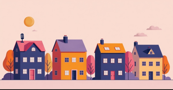 real-estate-podcasts-guide איור: שורת בתים פשוטים ומיקרופון בין הגגות