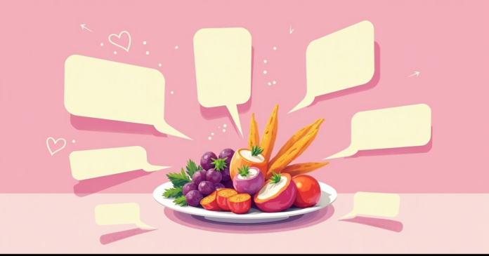 why-food-is-number-one איור: צלחת אוכל במרכז ובועות דיבור מתכנסות אליה