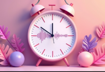 42 דקות: האנטומיה של אורך הפרק בפודקאסט הישראלי איור: שעון קיר שמחוגיו עשויים מפסי גל קול