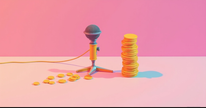 money-is-the-biggest-theme-israeli-podcasts איור: מיקרופון שצלו בצורת ערימת מטבעות